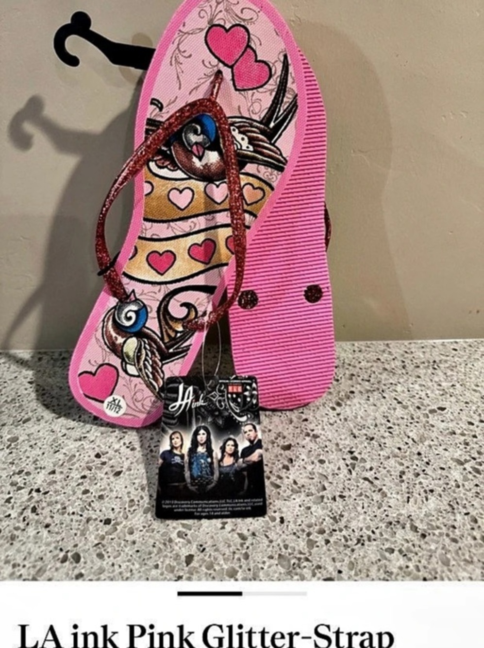 LA Heart & Bird Graphic Glitter-Strap Sandals Girls XL (11/12) NWT